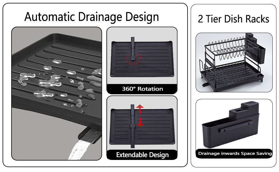 Dish Drying Rack, 2 Tier Dish Racks for Kitchen Counter, Large Drying Rack with Drainboard, Rustproof Dish Drainer Organizer