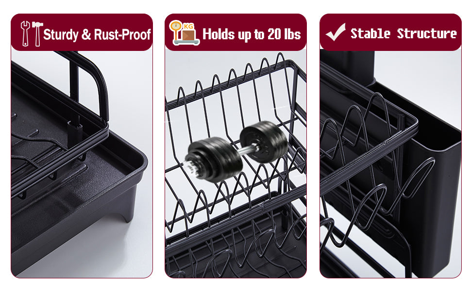 Dish Drying Rack, 2 Tier Dish Racks for Kitchen Counter, Large Drying Rack with Drainboard, Rustproof Dish Drainer Organizer