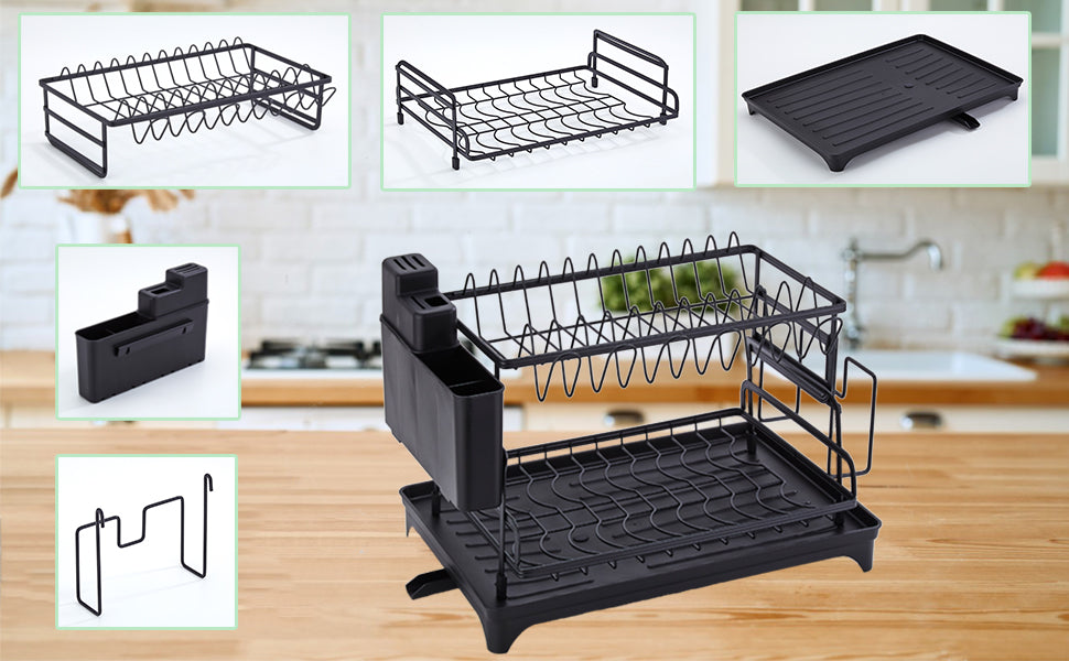 Dish Drying Rack, 2 Tier Dish Racks for Kitchen Counter, Large Drying Rack with Drainboard, Rustproof Dish Drainer Organizer