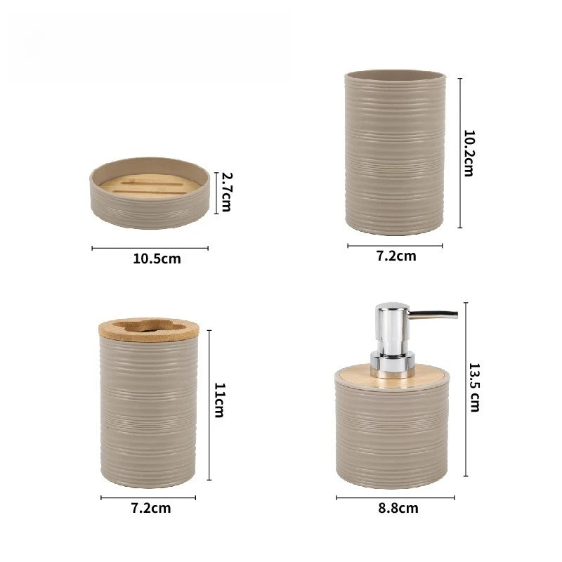 Rippled Bamboo-Look Bathroom Organizer Set - 4 Pcs PP Storage with Toothbrush Holder, Soap Dish, Dispenser & Cups