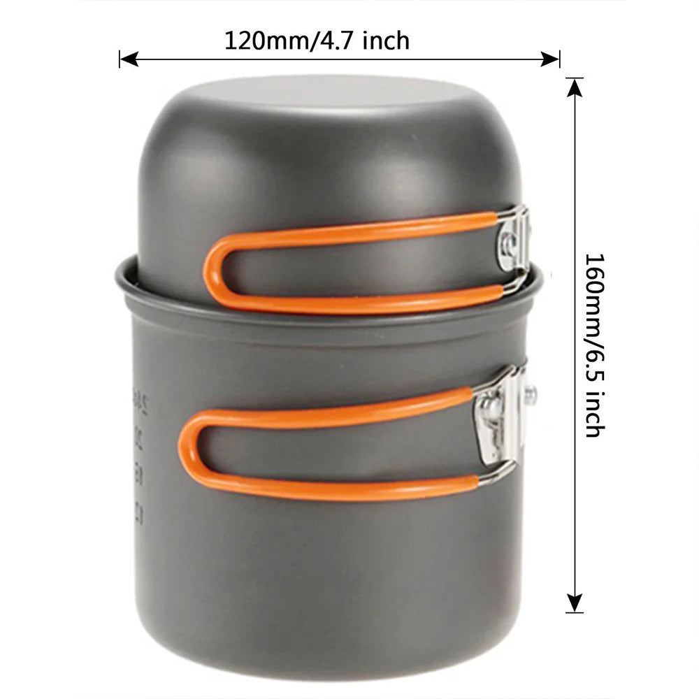 Outdoor camping pot set, made of hard aluminum alloy material, portable, 1-2 person picnic folding stove cookware set