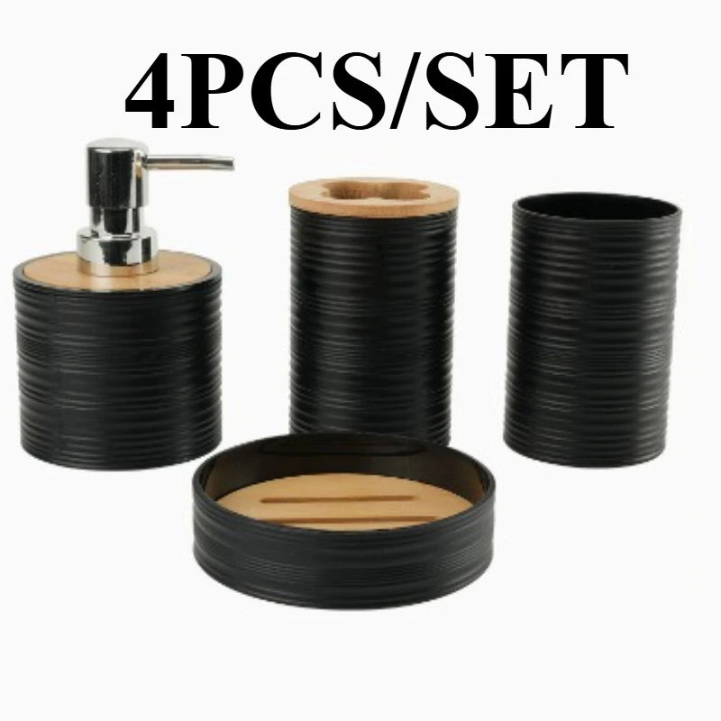 Rippled Bamboo-Look Bathroom Organizer Set - 4 Pcs PP Storage with Toothbrush Holder, Soap Dish, Dispenser & Cups