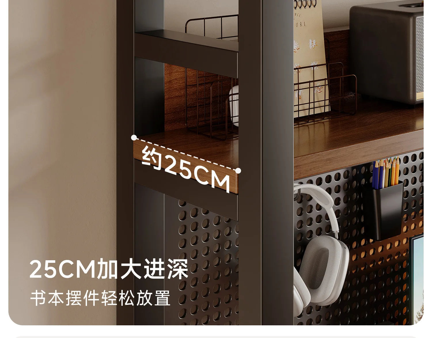 Solid wood computer desk, bedroom, home desktop gaming desk, student learning desk, perforated board desk, bookshelf integrated