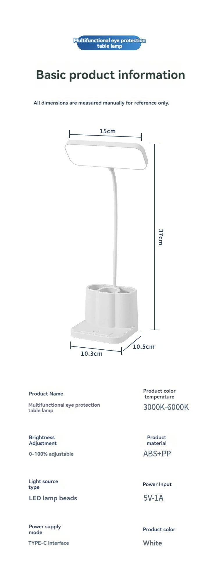 Desk Organizer Lamp, Dimmable Study Light with Pen Holders, Reading Lamp for Students Homework, Dorm Bedroom