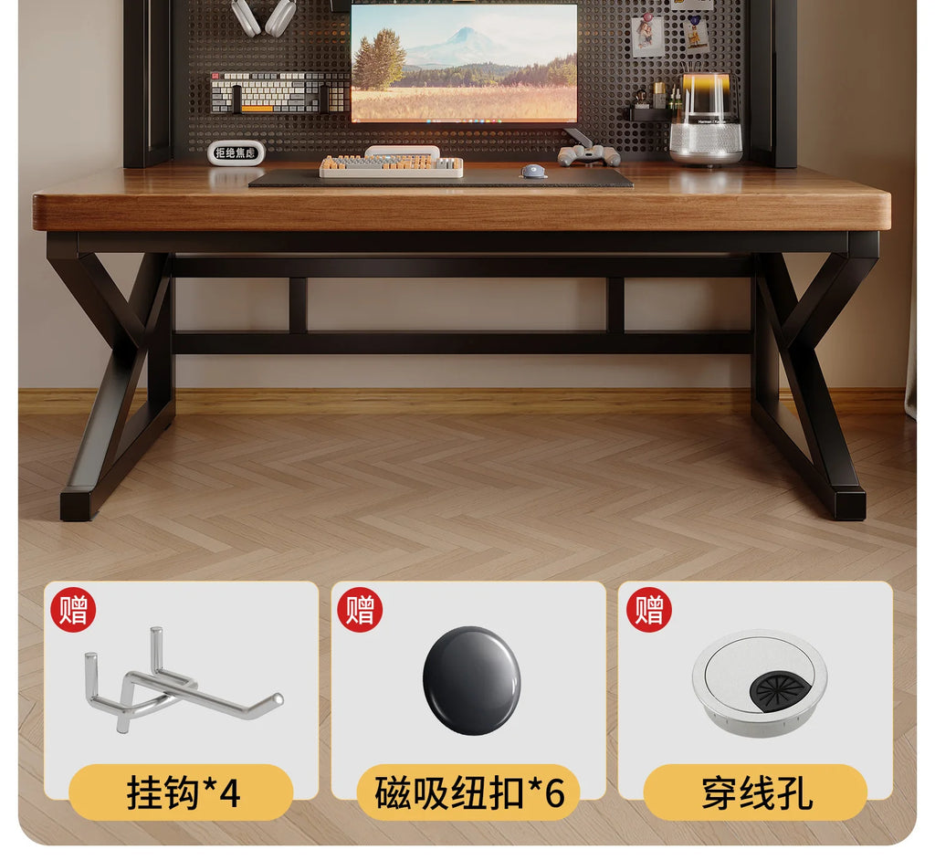 Solid wood computer desk, bedroom, home desktop gaming desk, student learning desk, perforated board desk, bookshelf integrated