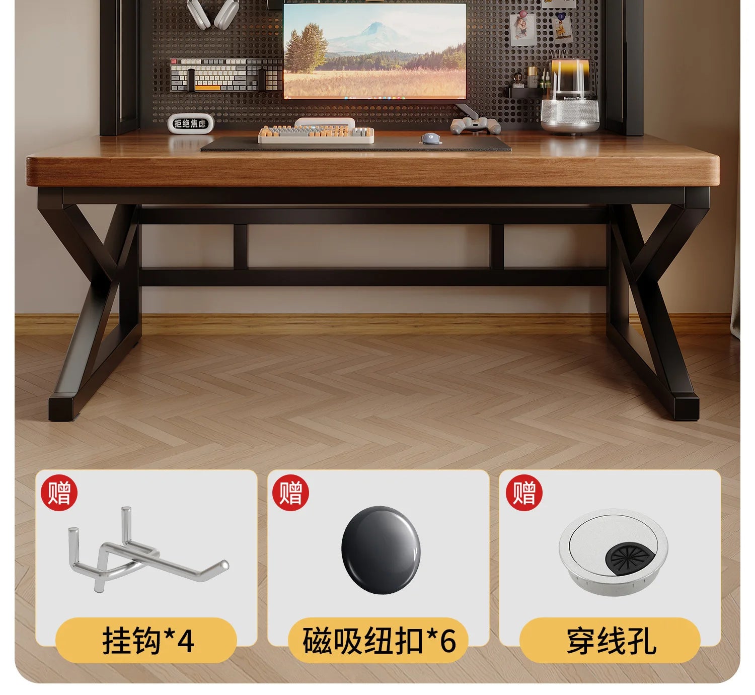 Solid wood computer desk, bedroom, home desktop gaming desk, student learning desk, perforated board desk, bookshelf integrated