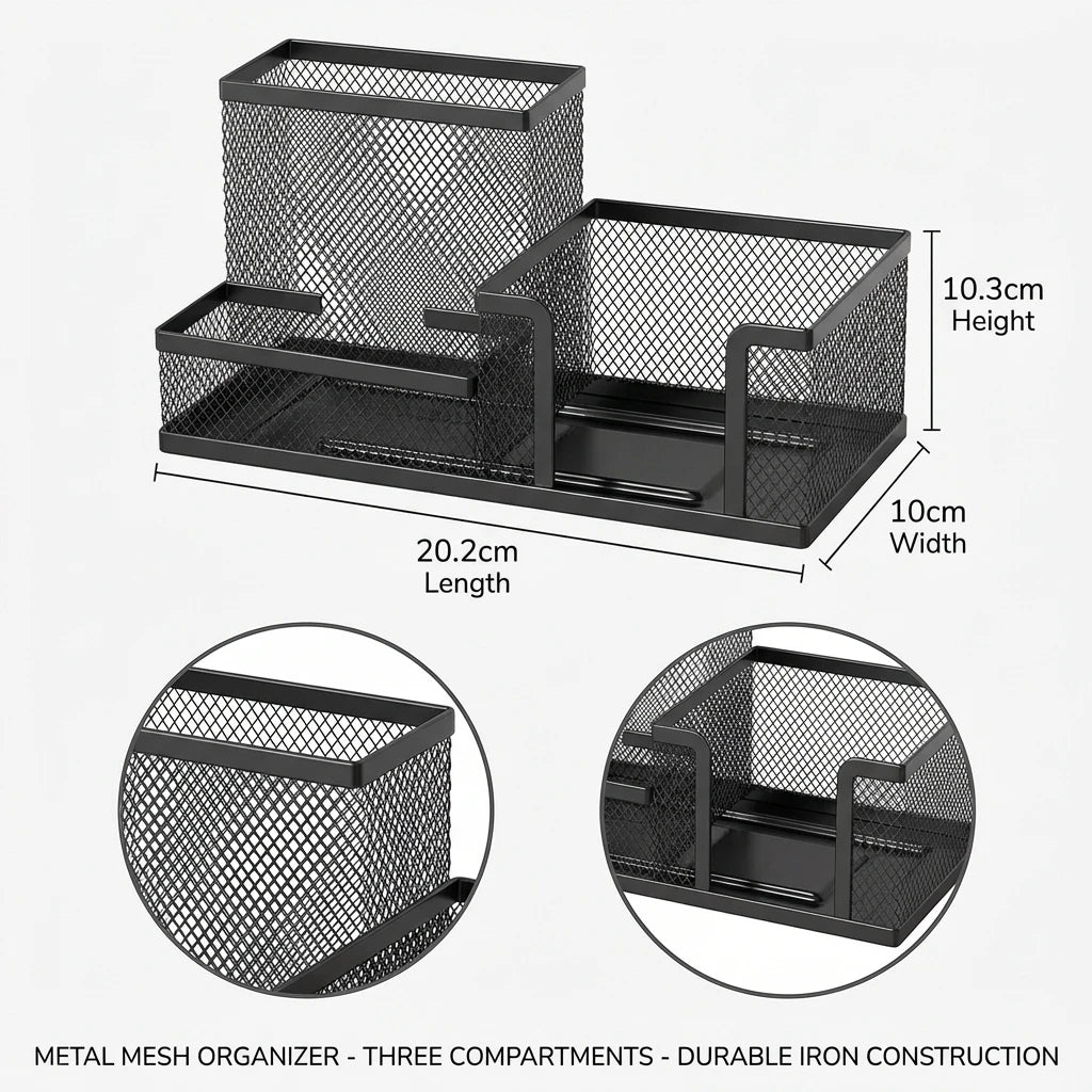Black Mesh Desk Organizer with Pencil Holder And Storage Baskets 3 Compartments Office Supplies Caddy for Desktop Accessories