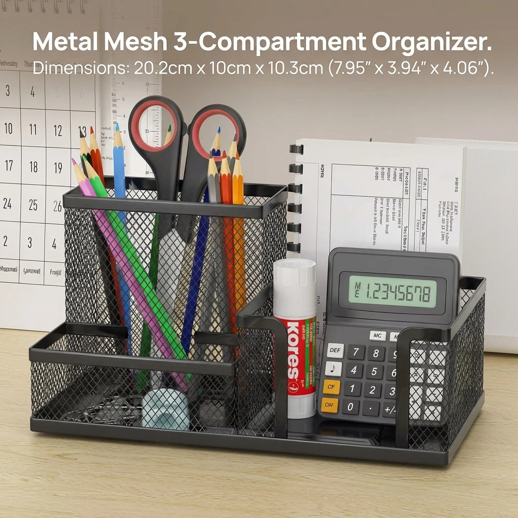 Black Mesh Desk Organizer with Pencil Holder And Storage Baskets 3 Compartments Office Supplies Caddy for Desktop Accessories