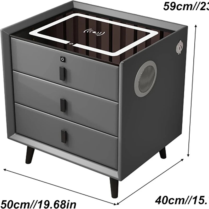 Drawer Modern Bedside Table Wireless Charging Station Fingerprint Lock Speaker 3 Color LED Lights Bedroom White 3 Drawers