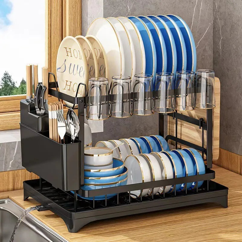 2-Tier Collapsible Dish Drying Rack with Drainboard - Carbon Steel Kitchen Dish Organizer for Plates, Bowls, Cups, Cutlery & Ute