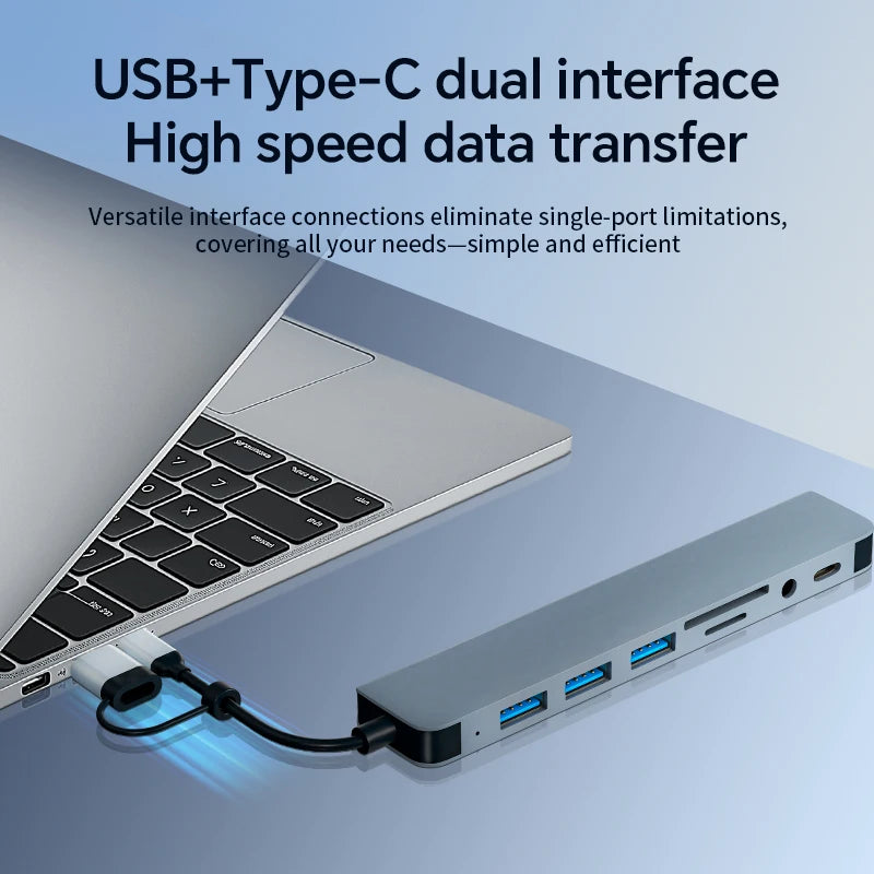 8 In 2 USB HUB With Splitter Card Reader, USB C Port, USB 3.0 / 2.0, SD/TF Splitter Card Reader, Docking Station