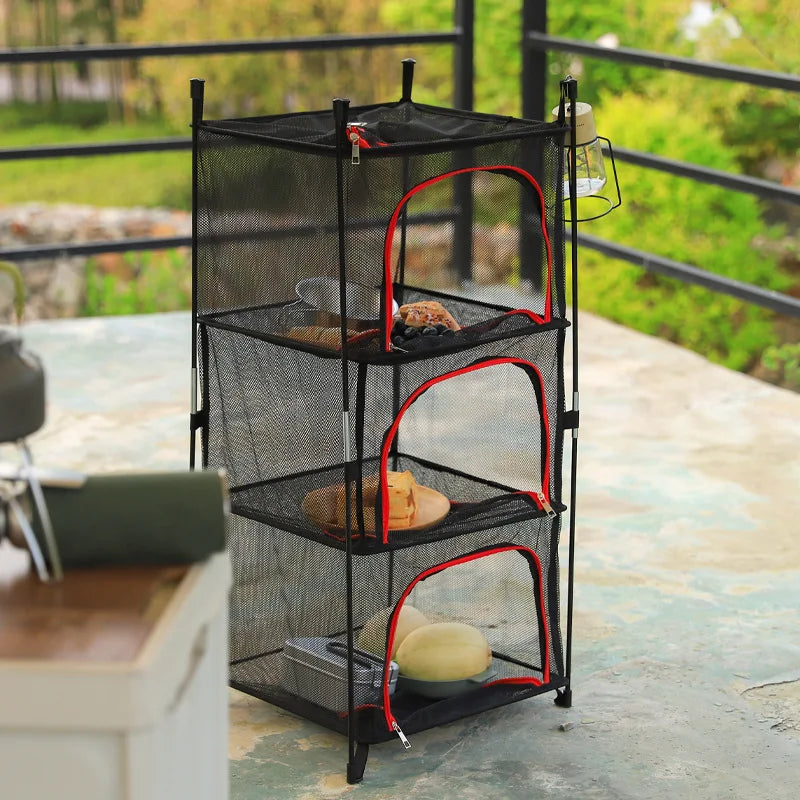 Outdoor Camping Tableware Storage Ventilated Net Bowl Basin Drying Net Foldable 4 Layers Storage Multifunctional Hanging Mesh