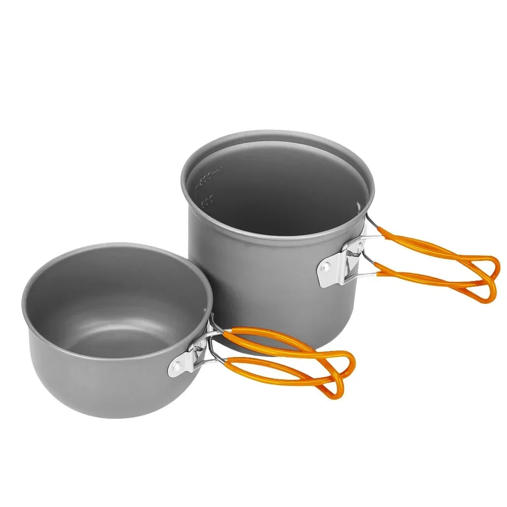 Outdoor camping pot set, made of hard aluminum alloy material, portable, 1-2 person picnic folding stove cookware set