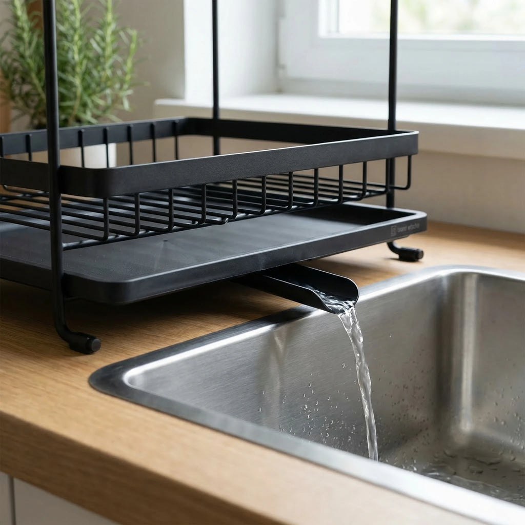 2-Tier Collapsible Dish Drying Rack with Drainboard - Carbon Steel Kitchen Dish Organizer for Plates, Bowls, Cups, Cutlery & Ute