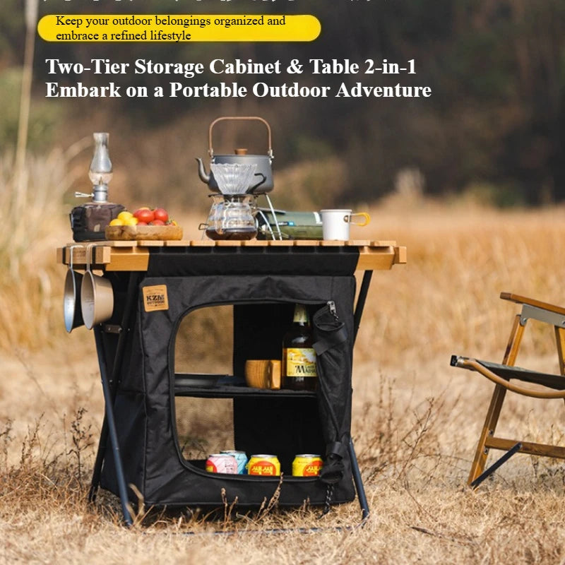 Outdoor Foldable Storage Cabinet: Multifunctional Solid Wood Table Cabinet-Portable, Large-Capacity,2-in-1 Table-Outdoor Camping