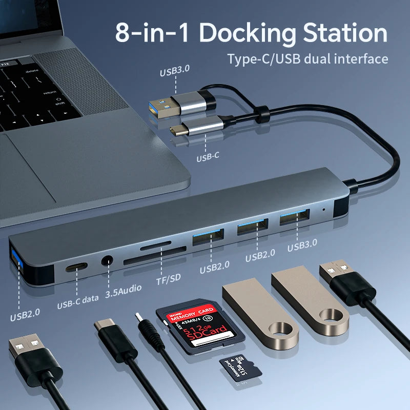 8 In 2 USB HUB With Splitter Card Reader, USB C Port, USB 3.0 / 2.0, SD/TF Splitter Card Reader, Docking Station