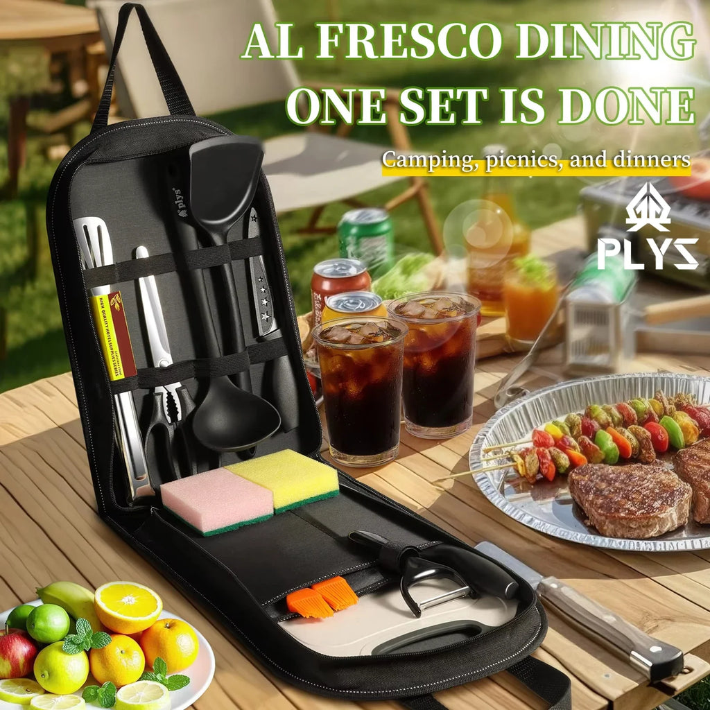 Portable outdoor utensils set of 10 pieces outdoor barbecue camping kitchen kitchenware for backpack BBQ titanium camping