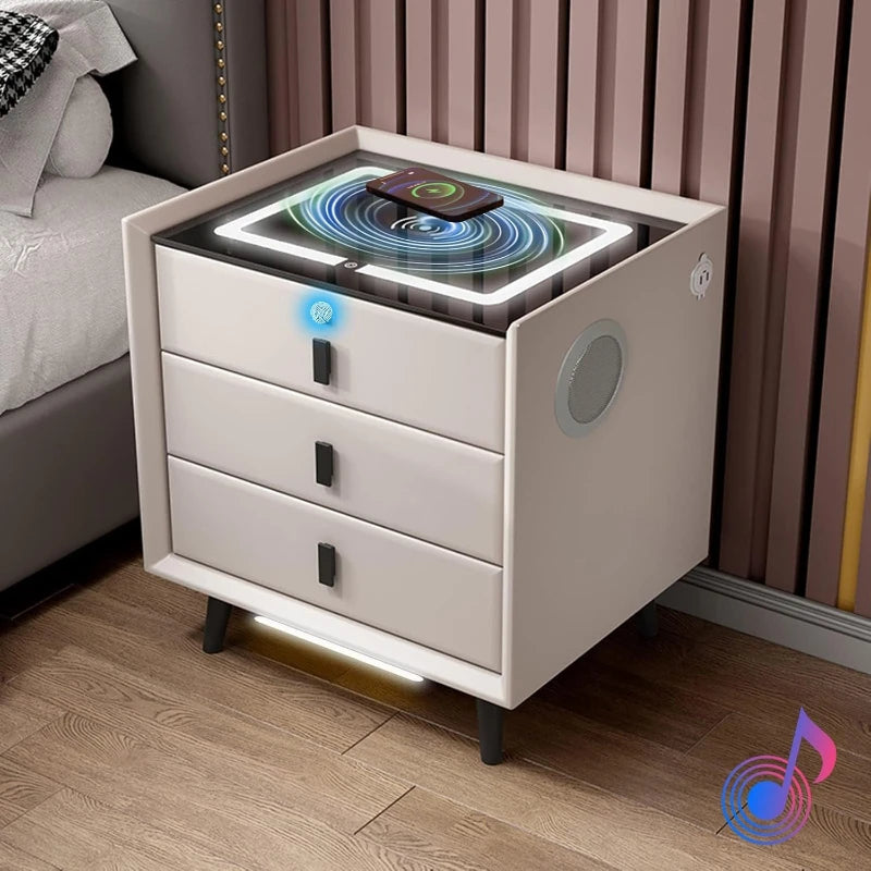 Drawer Modern Bedside Table Wireless Charging Station Fingerprint Lock Speaker 3 Color LED Lights Bedroom White 3 Drawers