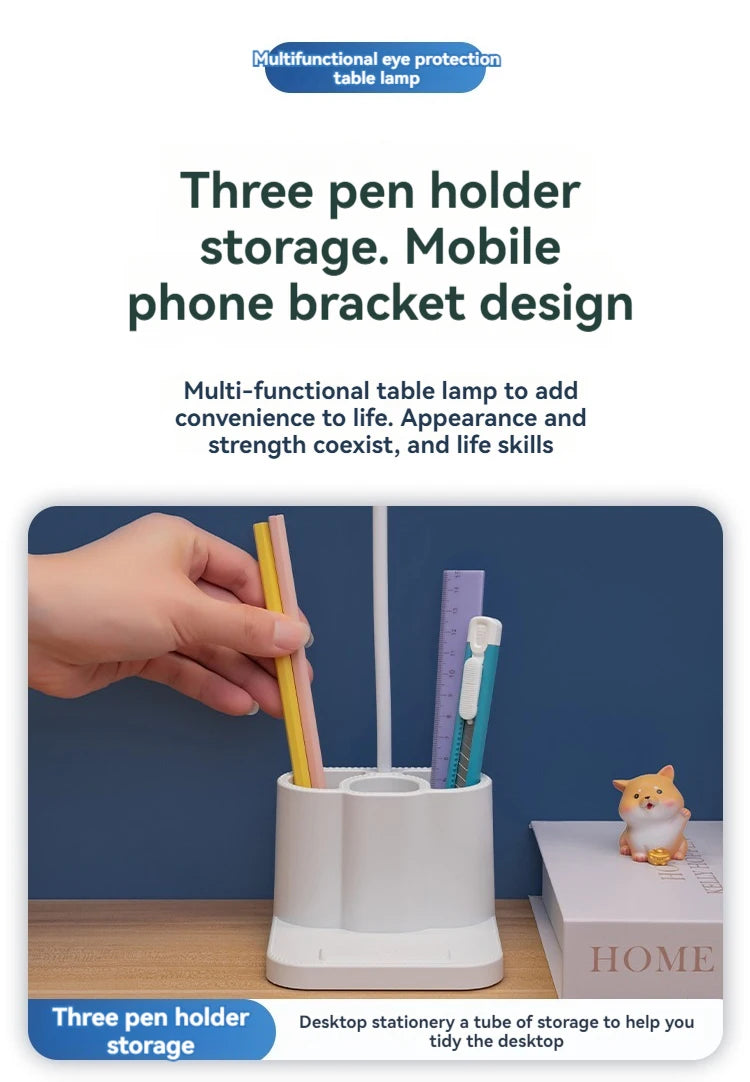 Desk Organizer Lamp, Dimmable Study Light with Pen Holders, Reading Lamp for Students Homework, Dorm Bedroom
