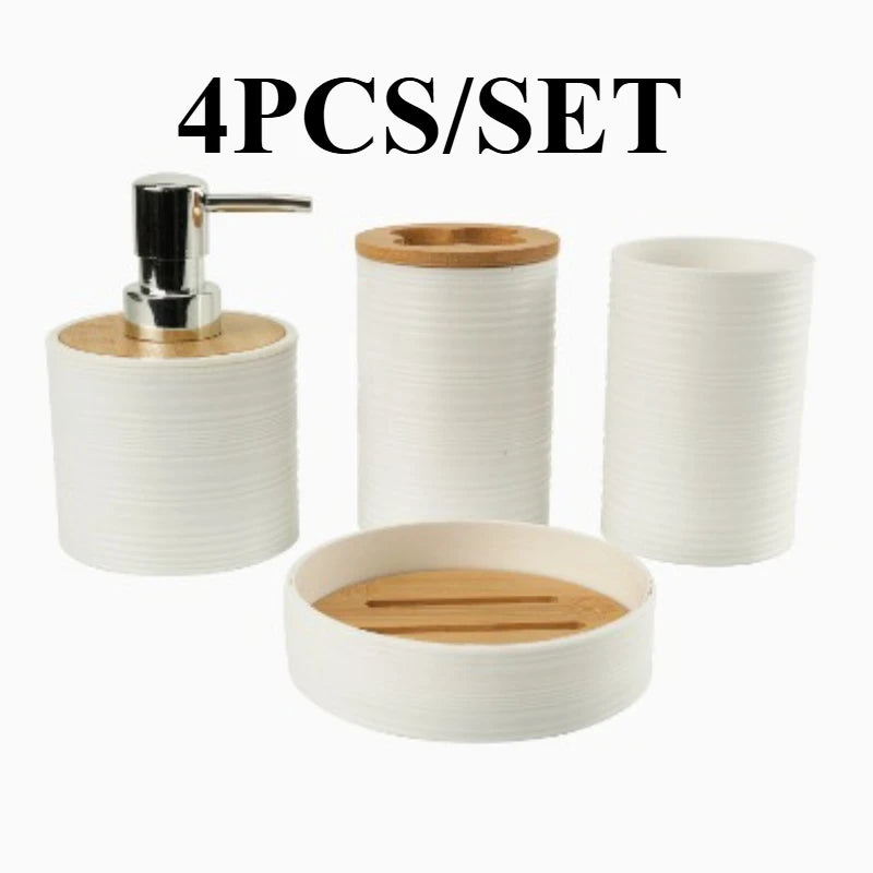Rippled Bamboo-Look Bathroom Organizer Set - 4 Pcs PP Storage with Toothbrush Holder, Soap Dish, Dispenser & Cups