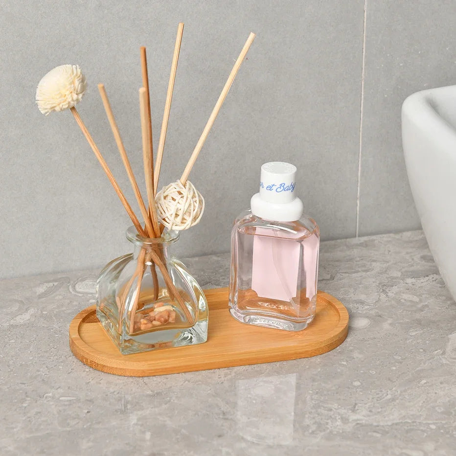 Bamboo Storage Tray Wooden Bathroom Organizer for Shampoo Body Wash and Toiletries Multi-Function Countertop Bath Accessories