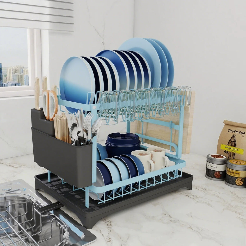 Dish Drying Rack, 2 Tier Dish Racks for Kitchen Counter, Large Drying Rack with Drainboard, Rustproof Dish Drainer Organizer