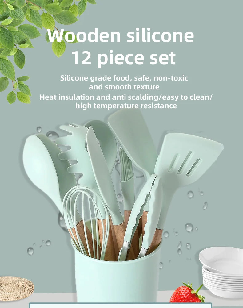 12pcs/set, Silicone Cooking Utensils Set With Wooden Handle, Colorful Non-stick Pot Special Cooking Tools Set, Heat Resistant