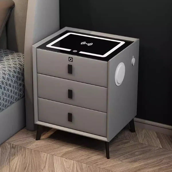 Drawer Modern Bedside Table Wireless Charging Station Fingerprint Lock Speaker 3 Color LED Lights Bedroom White 3 Drawers