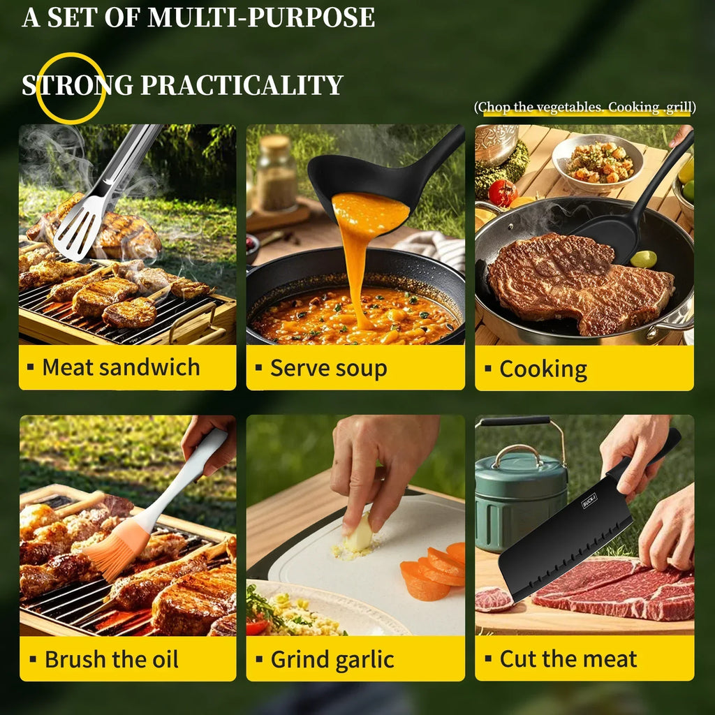 Portable outdoor utensils set of 10 pieces outdoor barbecue camping kitchen kitchenware for backpack BBQ titanium camping