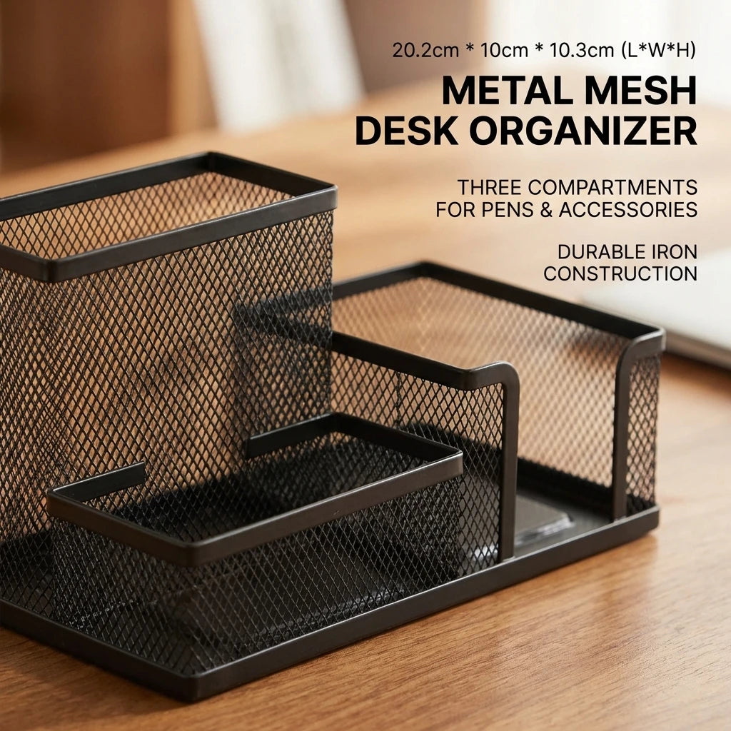 Black Mesh Desk Organizer with Pencil Holder And Storage Baskets 3 Compartments Office Supplies Caddy for Desktop Accessories