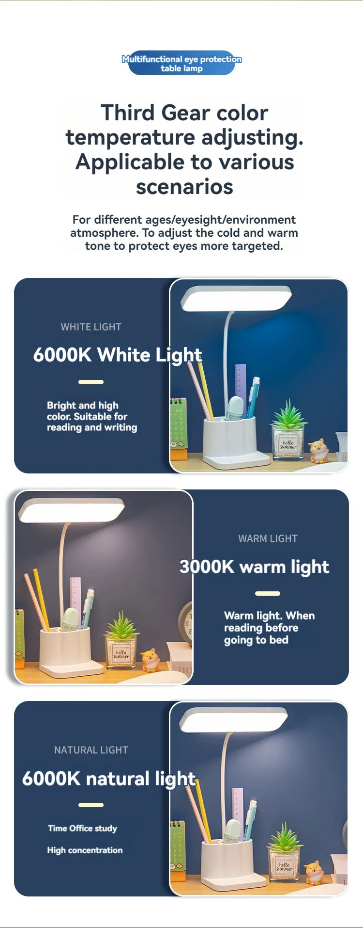 Desk Organizer Lamp, Dimmable Study Light with Pen Holders, Reading Lamp for Students Homework, Dorm Bedroom