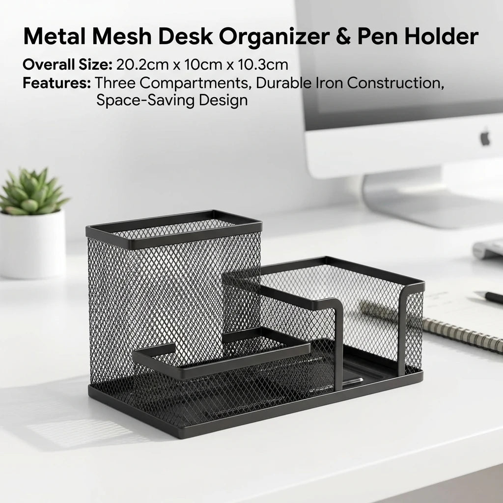 Black Mesh Desk Organizer with Pencil Holder And Storage Baskets 3 Compartments Office Supplies Caddy for Desktop Accessories