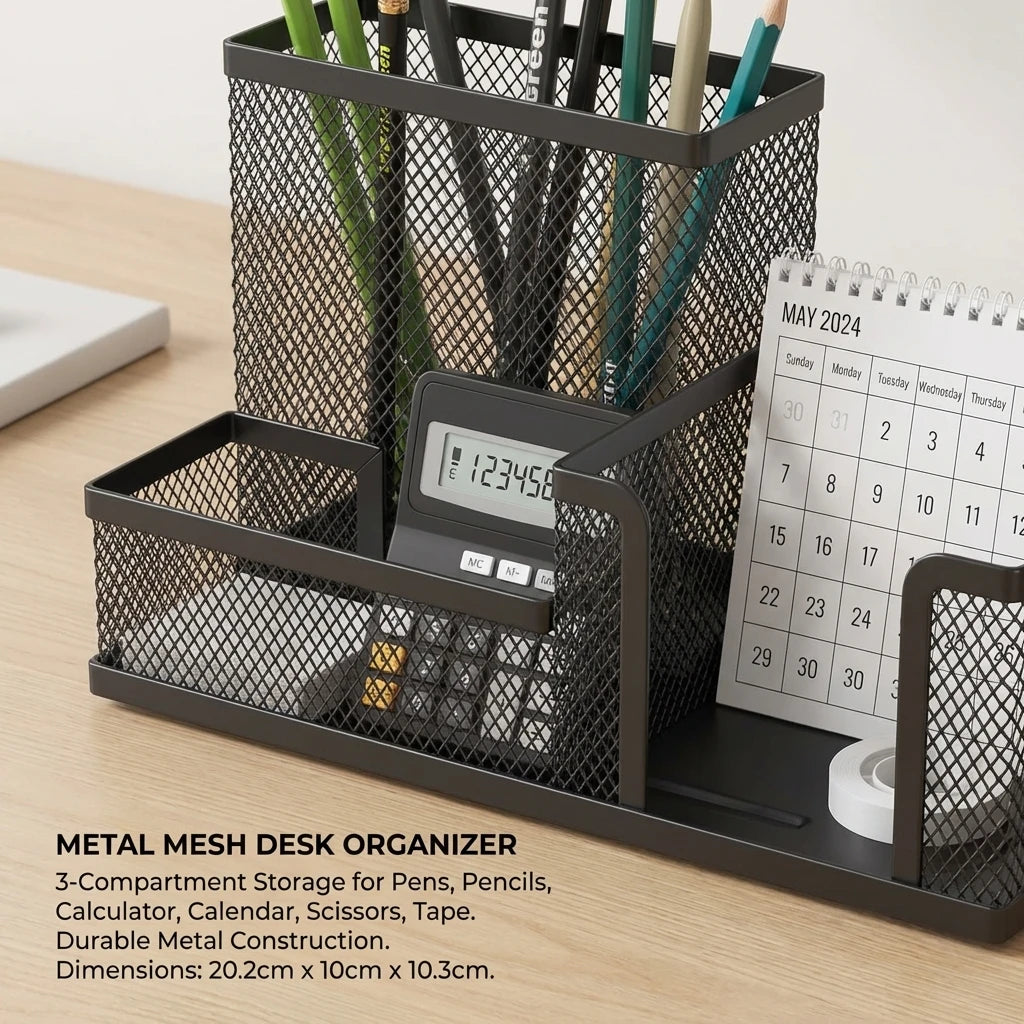 Black Mesh Desk Organizer with Pencil Holder And Storage Baskets 3 Compartments Office Supplies Caddy for Desktop Accessories