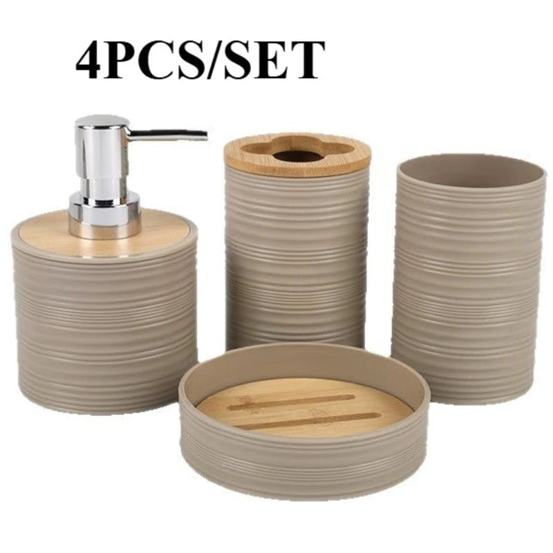 Rippled Bamboo-Look Bathroom Organizer Set - 4 Pcs PP Storage with Toothbrush Holder, Soap Dish, Dispenser & Cups