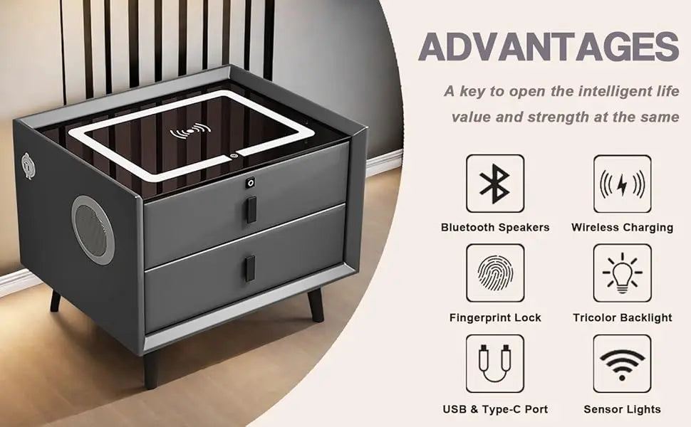 Drawer Modern Bedside Table Wireless Charging Station Fingerprint Lock Speaker 3 Color LED Lights Bedroom White 3 Drawers