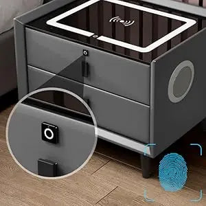 Drawer Modern Bedside Table Wireless Charging Station Fingerprint Lock Speaker 3 Color LED Lights Bedroom White 3 Drawers