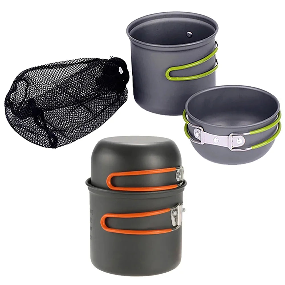 Outdoor camping pot set, made of hard aluminum alloy material, portable, 1-2 person picnic folding stove cookware set