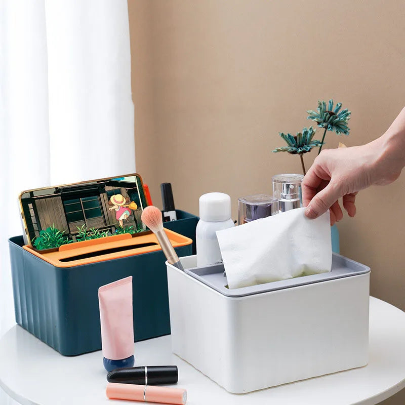 6-Section Desk Organizer - Multifunctional Tissue Box with Remote Holder, Plastic Storage for Living Room, Kitchen & Office