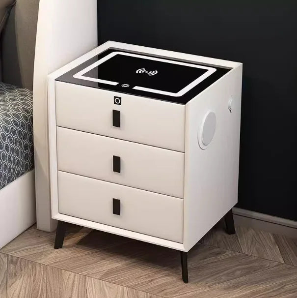 Drawer Modern Bedside Table Wireless Charging Station Fingerprint Lock Speaker 3 Color LED Lights Bedroom White 3 Drawers