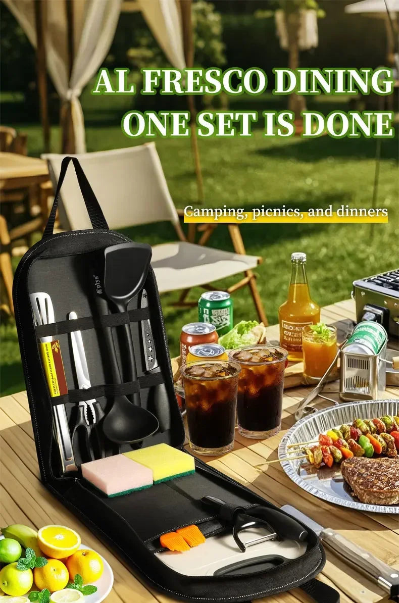 Portable outdoor utensils set of 10 pieces outdoor barbecue camping kitchen kitchenware for backpack BBQ titanium camping