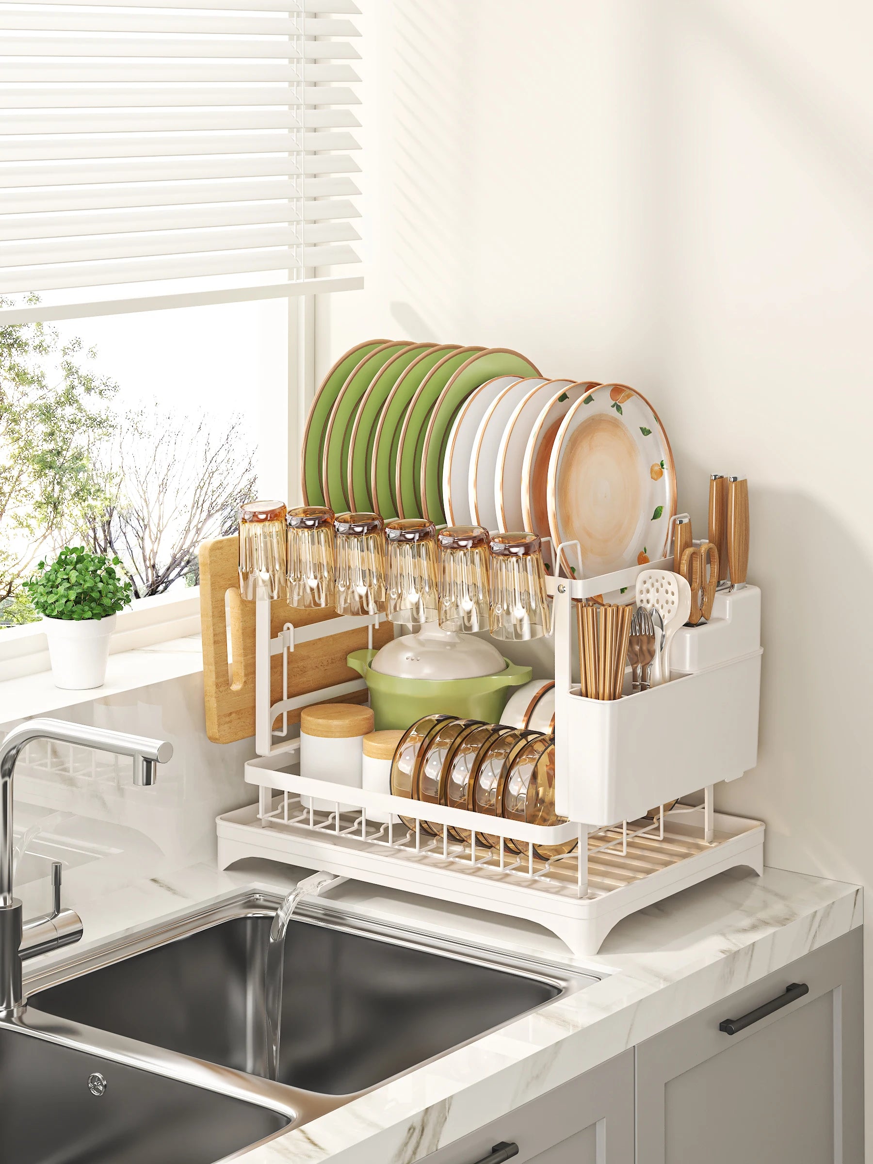 Dish Drying Rack, 2 Tier Dish Racks for Kitchen Counter, Large Drying Rack with Drainboard, Rustproof Dish Drainer Organizer