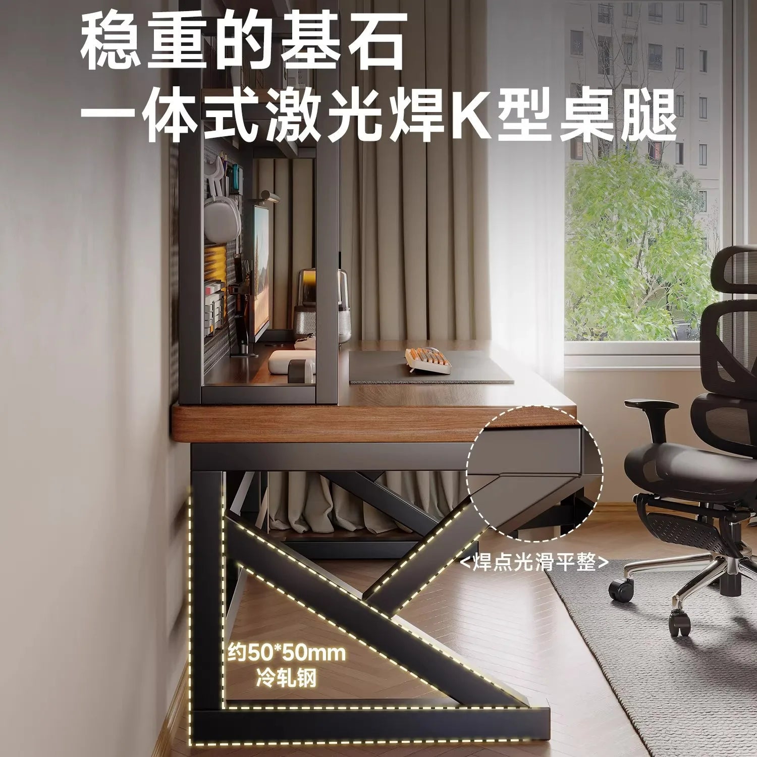 Solid wood computer desk, bedroom, home desktop gaming desk, student learning desk, perforated board desk, bookshelf integrated