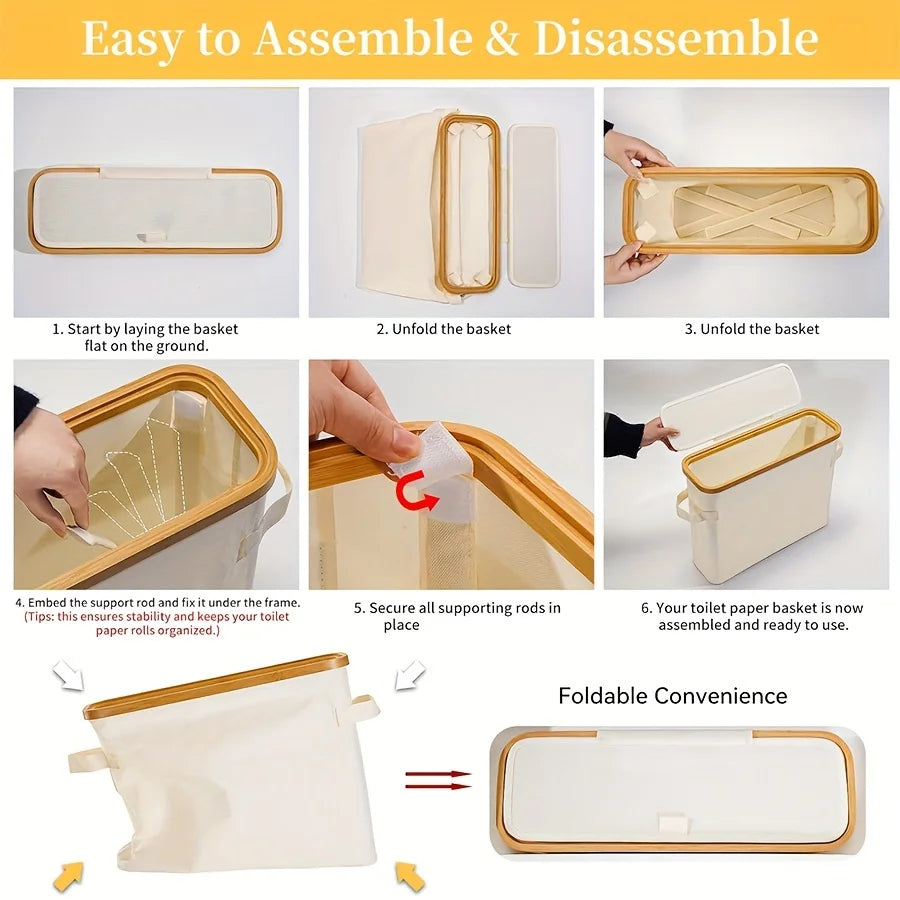 Bamboo toilet paper holder with lid - Self-contained bathroom organizer with handle, enclosed tissue storage box