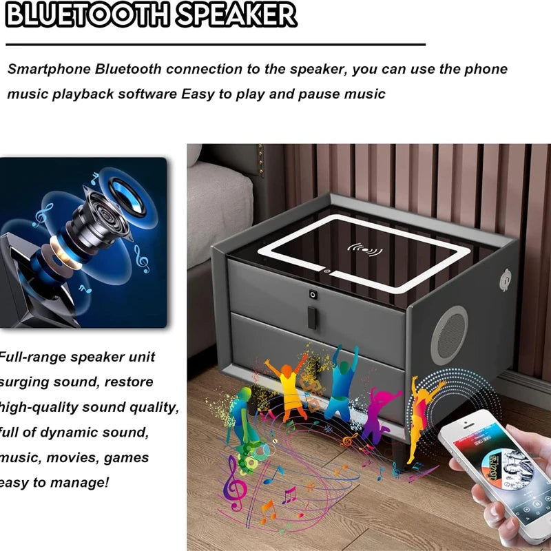 Drawer Modern Bedside Table Wireless Charging Station Fingerprint Lock Speaker 3 Color LED Lights Bedroom White 3 Drawers