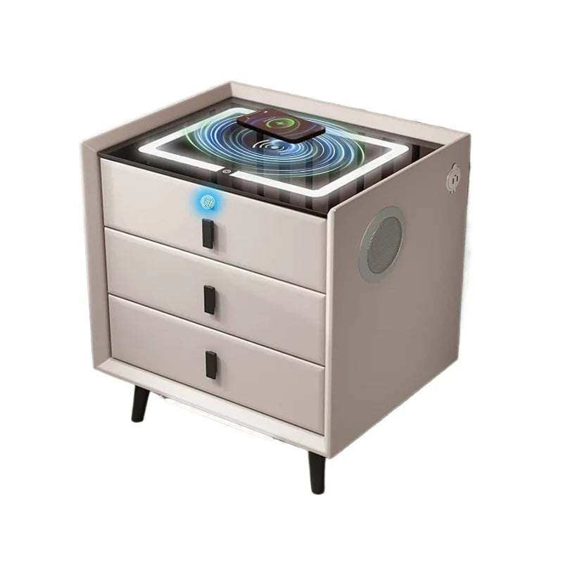 Drawer Modern Bedside Table Wireless Charging Station Fingerprint Lock Speaker 3 Color LED Lights Bedroom White 3 Drawers