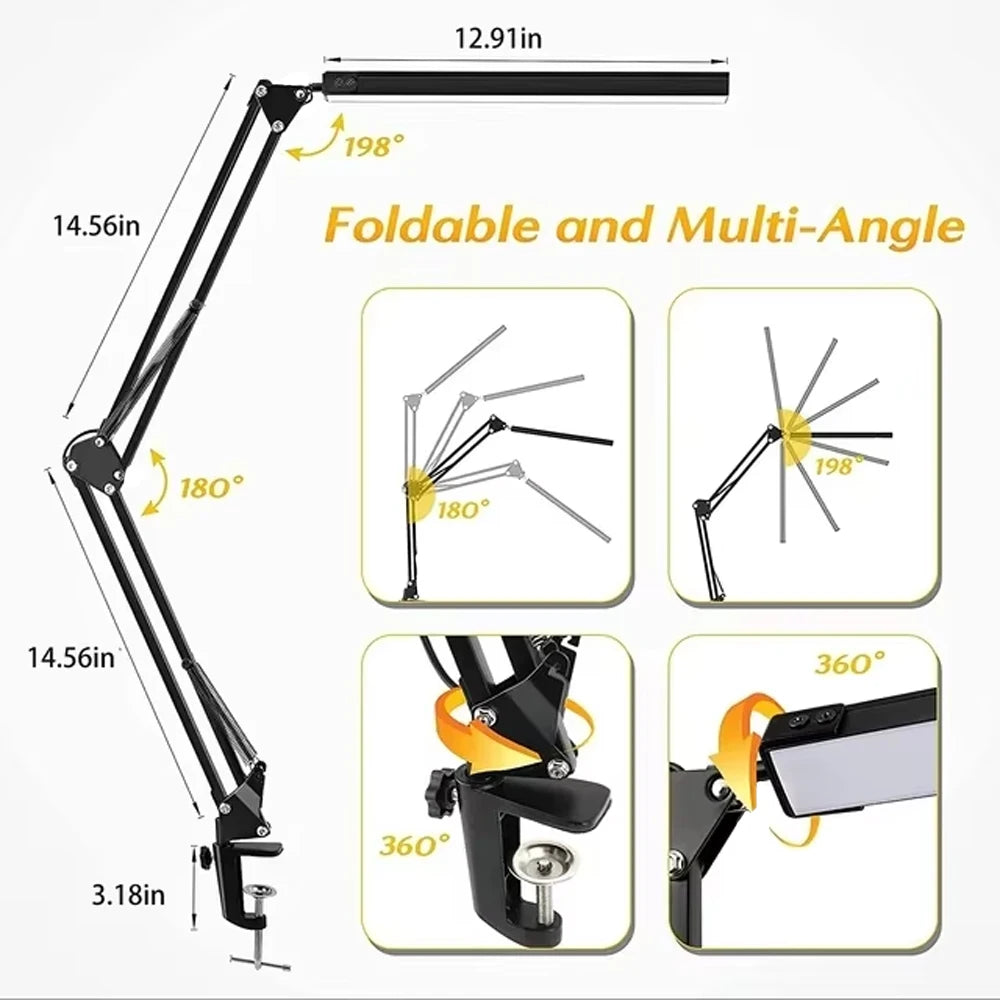 Desk lamp,LED desk lamp with rocker arm,adjustable Angle,10 brightness levels,3 lighting modes,fixture,eye-protecting learning