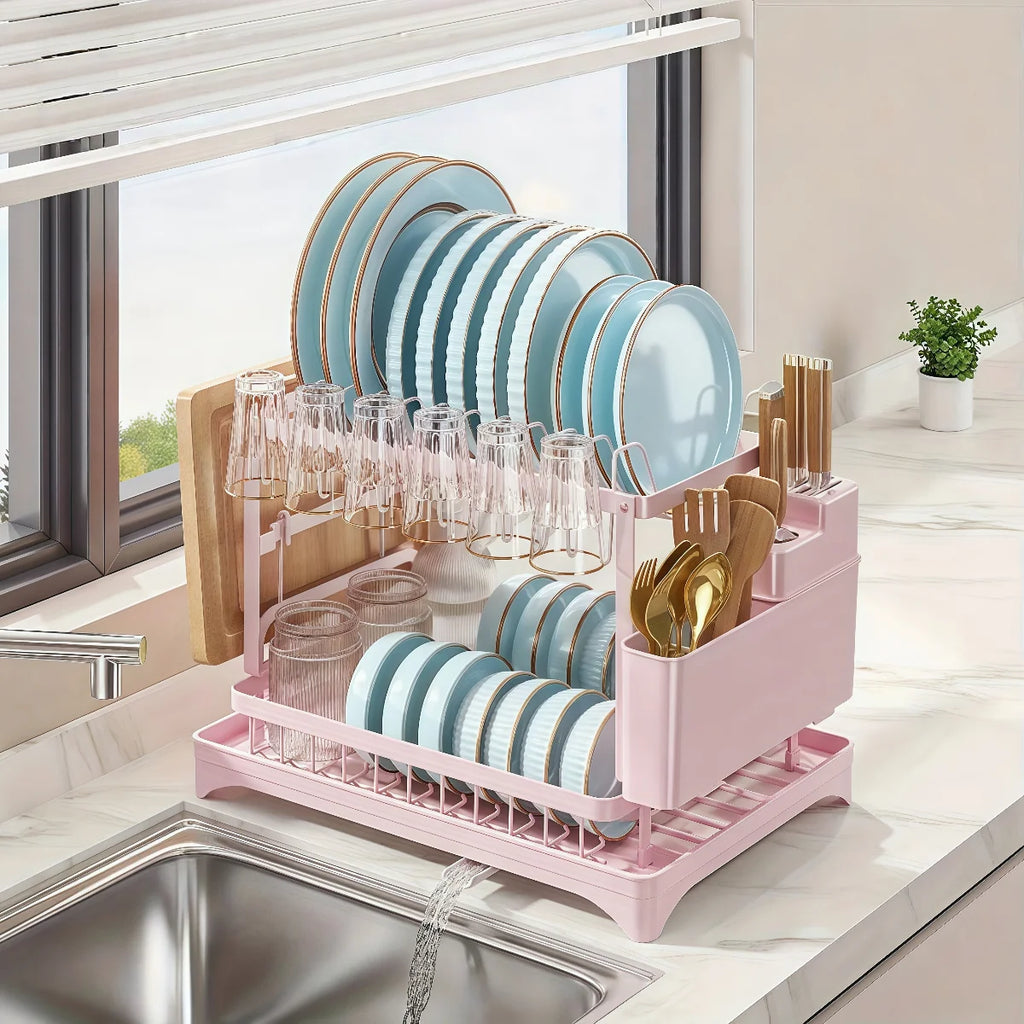 Dish Drying Rack, 2 Tier Dish Racks for Kitchen Counter, Large Drying Rack with Drainboard, Rustproof Dish Drainer Organizer