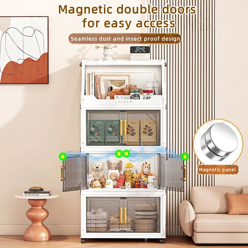 Foldable Double-Door Storage Cabinet,Large Capacity Space-Saving Mobile Organizer for Bedroom&Living Room（Clothes, Toys&Snacks）