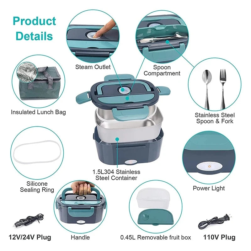 Portable Electric Stainless Steel Lunch Box with Meal Tray Food Preservation Heating Warmer Dinner Container Set