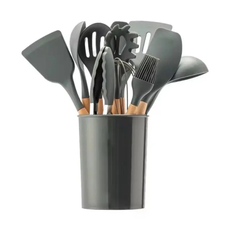 12pcs/set, Silicone Cooking Utensils Set With Wooden Handle, Colorful Non-stick Pot Special Cooking Tools Set, Heat Resistant